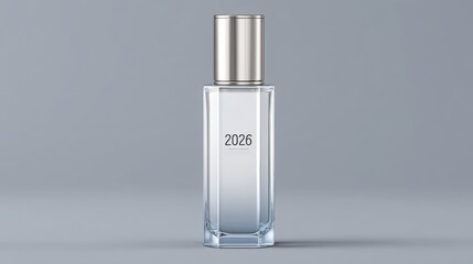 Fragrance bottle with a sleek design and metallic cap. minimalist celebrate 2026
