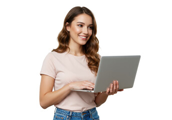 Naklejka premium Smiling young woman holding a laptop computer and working remotely or studying transparent background