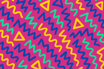 A bold, energetic pattern with zigzag lines and triangles in vibrant yellow, teal, green, and navy, set against a bright pink background