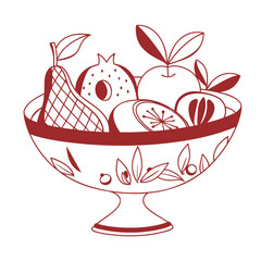 Red Fruit Bowl Vector – Decorative Line Art with Pear, Pomegranate, Citrus, Apple and Leaves