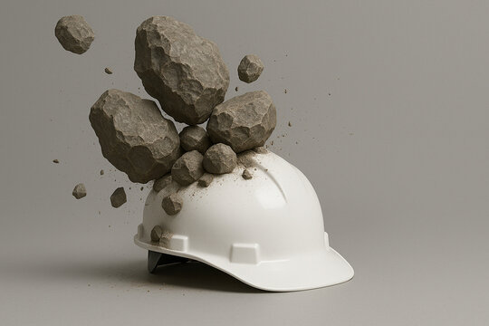 White safety helmet hit by large falling rocks with dust explosion impact