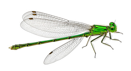 Isolated Damselfly close-up, small bright-green insect with four delicate, transparent wings