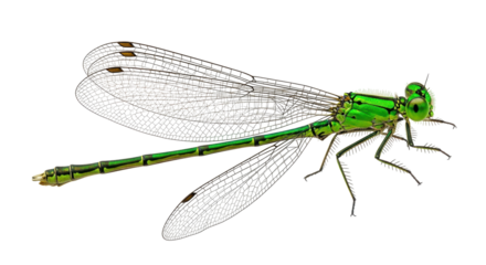 Isolated Damselfly close-up, small bright-green insect with four delicate, transparent wings