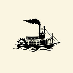 Vintage silhouette of a steamboat with smoke billowing from its stack on calm water