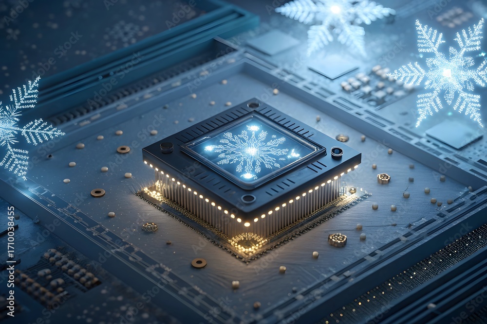 Poster Cool computer chip processor with snowflake design for winter season