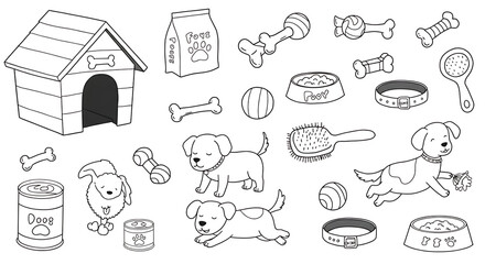 A playful set of black-and-white cartoon line drawings featuring a variety of dog essentials and activities. The collection includes a cozy doghouse, a food bowl, a tin of dog food, a brush, collars, 