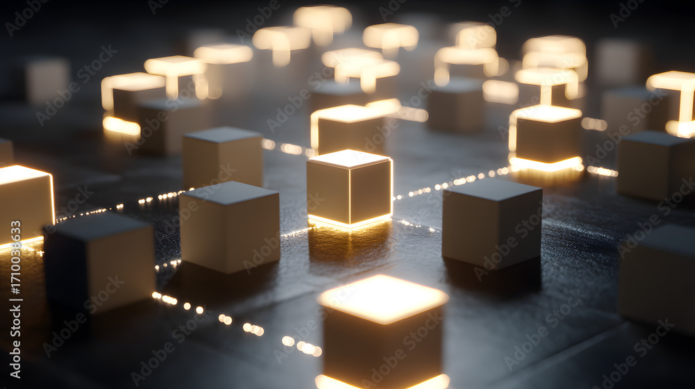 Aufkleber digital cubes: a futuristic scene presents a network of interconnected digital cubes. glowing edges 