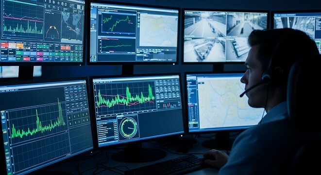A security operator intently monitors multiple computer screens displaying various data visualizations and security camera feeds in a dark control room.