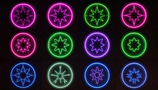 A collection of vibrant neon starburst symbols, displayed in a grid pattern against a dark background, each radiating a unique hue.