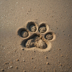 Dog Paw Print – Fresh Footprint on Wet Sandy Beach Shore