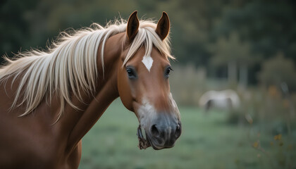 Obraz premium A chestnut horse with a white diamond-shaped mark on its forehead stands in a lush green field. The background is softly blurred, conveying a serene atmosphere.