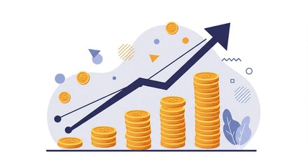 Stacks of coins with an upward trending arrow indicating growth.