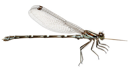 Isolated Damselfly profile view, detailed insect with compound eyes, delicate wings & long tail