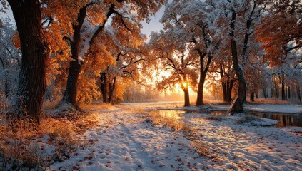 Sunlit forest path, trees with snow and autumn leaves, creating a serene winter landscape scene