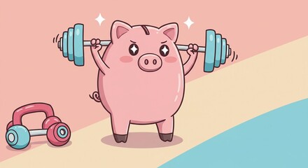 A cute cartoon piggy bank lifting weights to represent financial strength and savings.