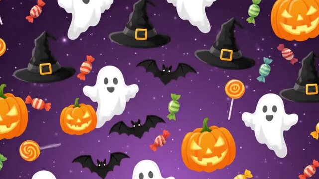 Spooky yet cute Halloween vector pattern with flying bats, friendly ghosts, carved pumpkins, and sweet candy treats for festive holiday decoration