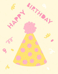 Playful birthday banner featuring a pink party hat with polka dots and festive confetti accents. Bright and cheerful design perfect for birthday invitations, greeting cards, and celebration flyers
