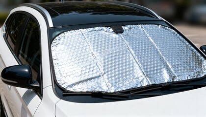Obraz premium Close-up of a white car with a sunshade on the windshield. 