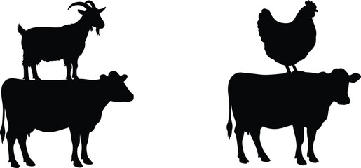 Silhouette of farm animals stacked and standing side by side