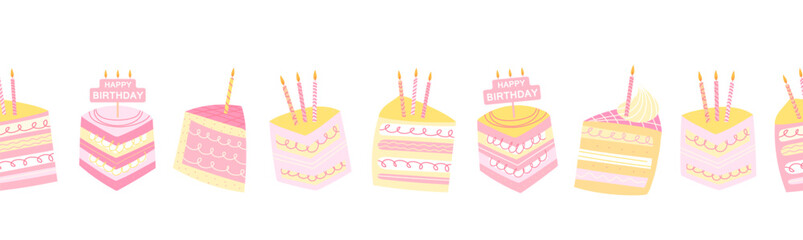 Seamless border with layered birthday cakes decorated with candles and frosting. Cute design for header, party invitations, greeting cards, posters, mailing and festive holiday decor © Helen