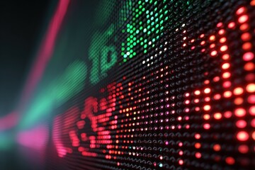 Close-up of a digital display showing fluctuating numbers in green and red pixels