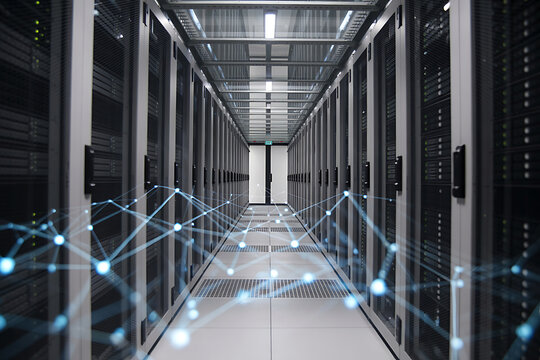 Modern server room with digital network connections creating a data flow