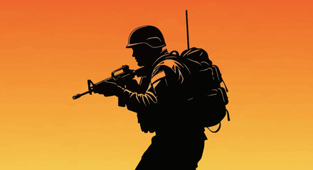 Graphic illustration of a soldier's silhouette in full combat gear holding a rifle against a vibrant orange and yellow sunset.