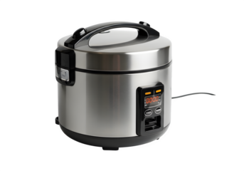 Modern electric rice cooker with a stainless steel body and digital display, designed for easy cooking, isolated on transparent background