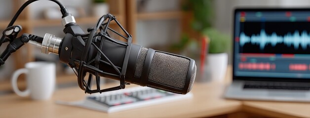 High-quality microphone set up for podcast recording in a cozy home office with editing software on the laptop and a cup of coffee nearby