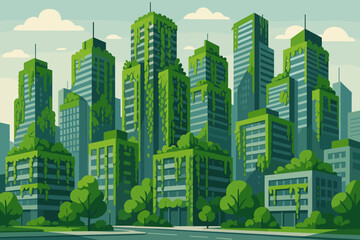 Futuristic green city with high-rise buildings covered in plants and vegetation, eco urban architecture and sustainable development concept, vector illustration