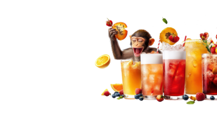 Monkey with Colorful Drinks and Fruits Transparent Background