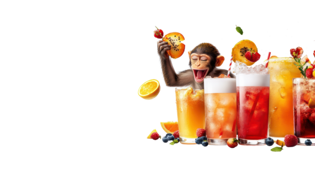 Monkey with Colorful Drinks and Fruits Transparent Background