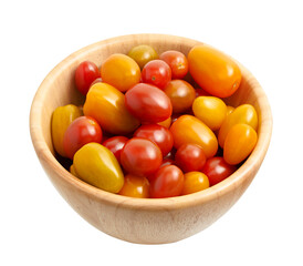 Fresh Cherry tomato, Various colorful tomatoes in a wooden bowl isolated on white background, with clipping path