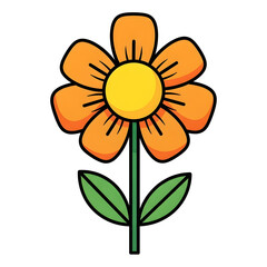 Orange flower with yellow center and green leaves on a stem.