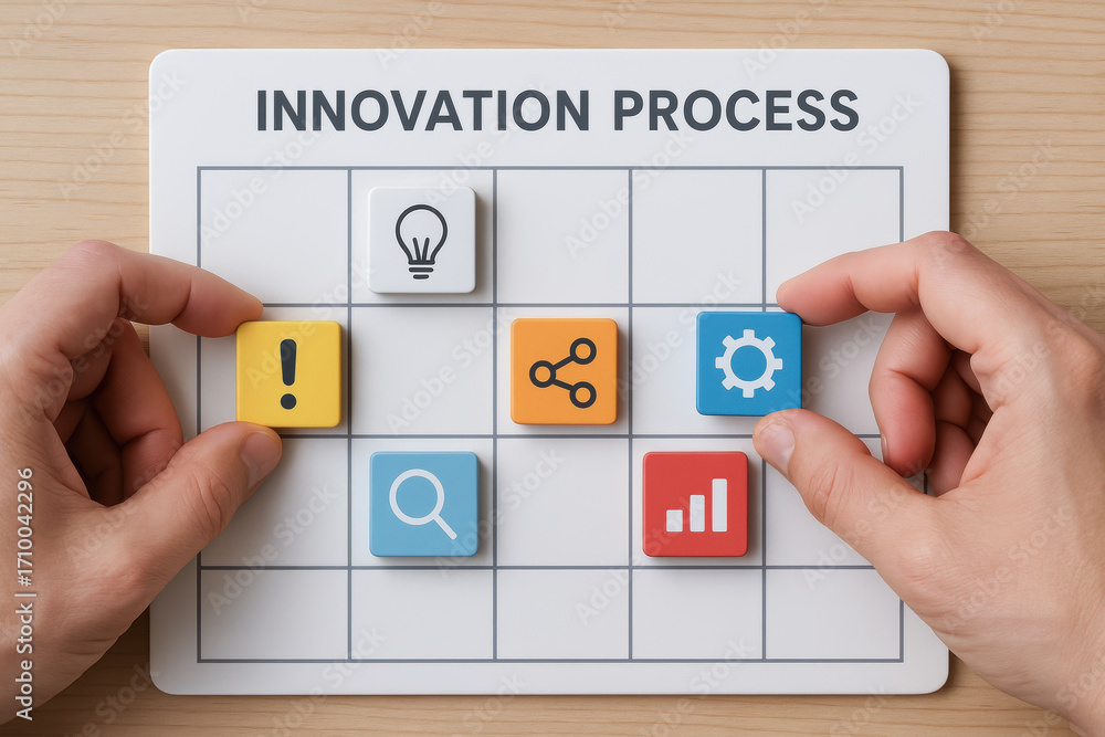 Poster innovative strategy and framework concepts are represented by blocks with icons on white board held 
