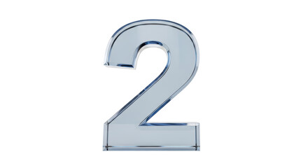 Isolated shiny dimensional number two made of pale transparent blue glass or plastic