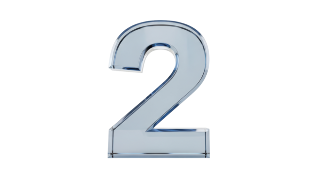 Isolated shiny dimensional number two made of pale transparent blue glass or plastic