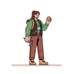 A female geologist character with a backpack, vest, and tools, holding a rock hammer and examining a mineral specimen.