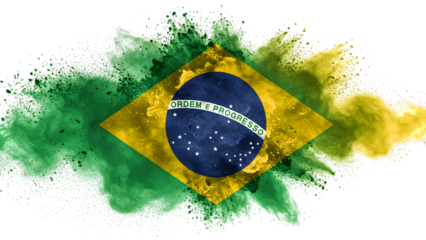 Brazilian flag exploding with green and yellow powder isolated on transparent background