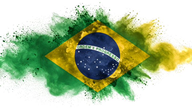 Brazilian flag exploding with green and yellow powder isolated on transparent background