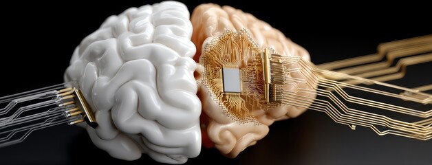 Human brain meets technology with intricate circuits showcasing the merge of biology and artificial intelligence in a conceptual design