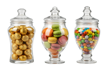 Three glass jars filled with colorful candies and chocolates isolated on transparent background
