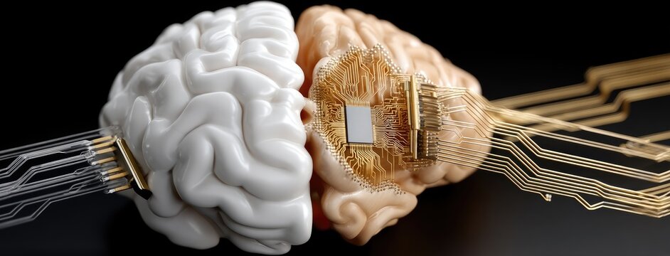 Human brain meets technology with intricate circuits showcasing the merge of biology and artificial intelligence in a conceptual design