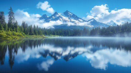 A tranquil mountain lake reflecting snow-capped peaks and forests, with a light mist hovering over the water — for articles about nature, travel, meditation, and ecology.