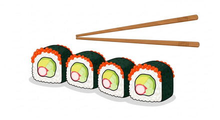 Illustration of a sushi roll with avocado and crab stick, served with chopsticks japanese cuisine and food culture
