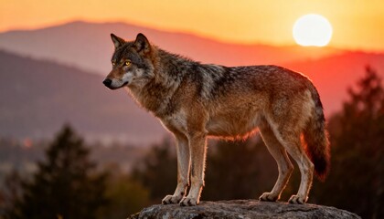 Wolf on rock at sunset with mountains and warm glowing sky.