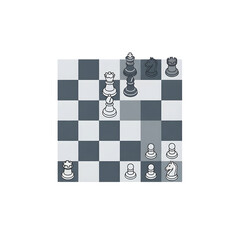 Isometric view of a chessboard with various chess pieces in a mid-game position, rendered in a minimalist gray and white style.