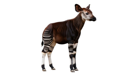 Isolated Okapi with distinctive striped legs standing and alert, looking into the distance
