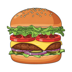 Delicious burger with sesame seed bun, lettuce, tomato, cheese, pickles, and onion.