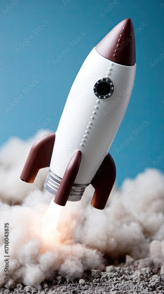 Poster model rocket launches into cloudy sky, showcasing excitement and adventure in a playful setting with